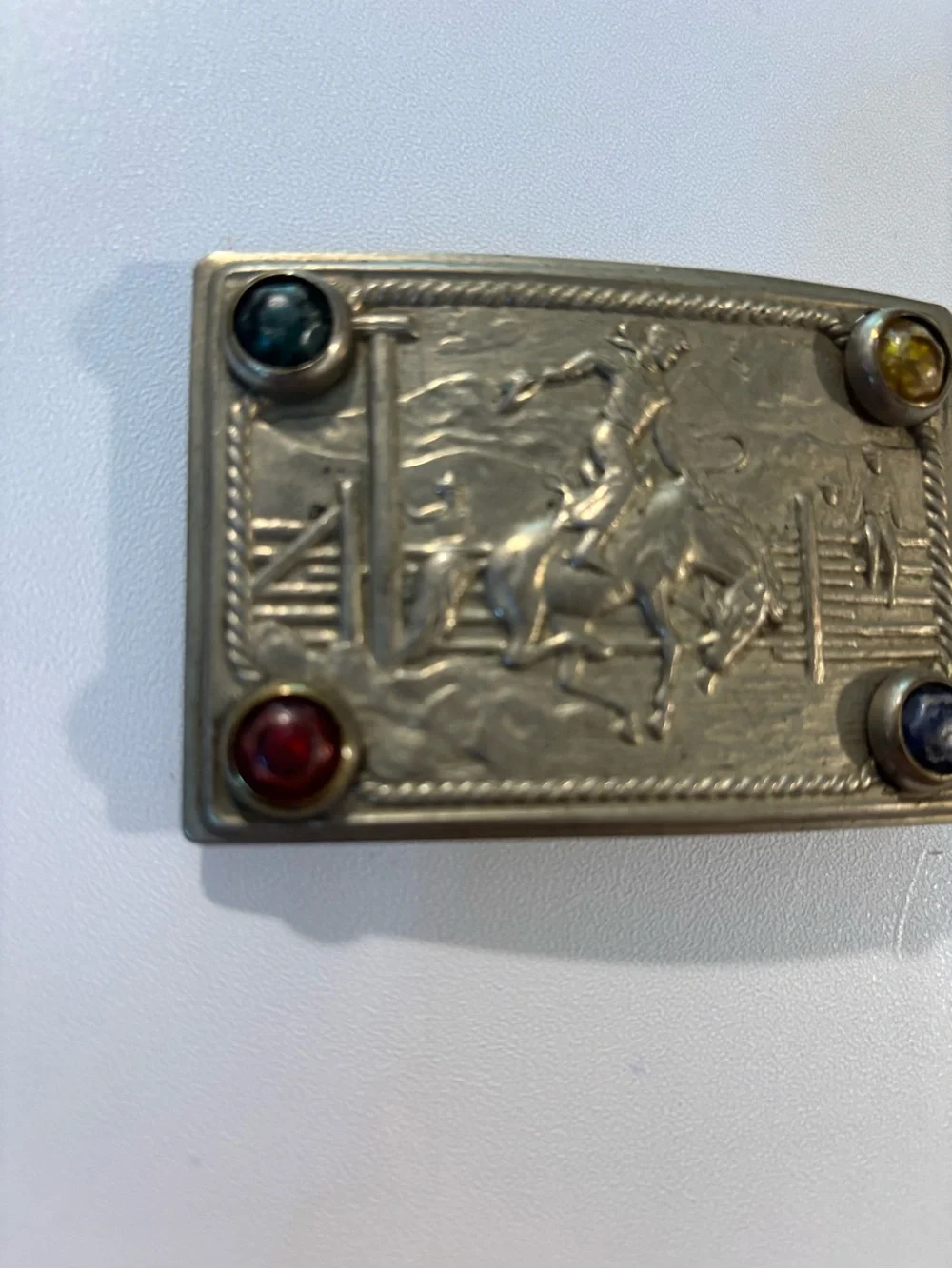 Vintage Western Motif Belt Buckle with Multicolor Stones 1940s? Cowboy